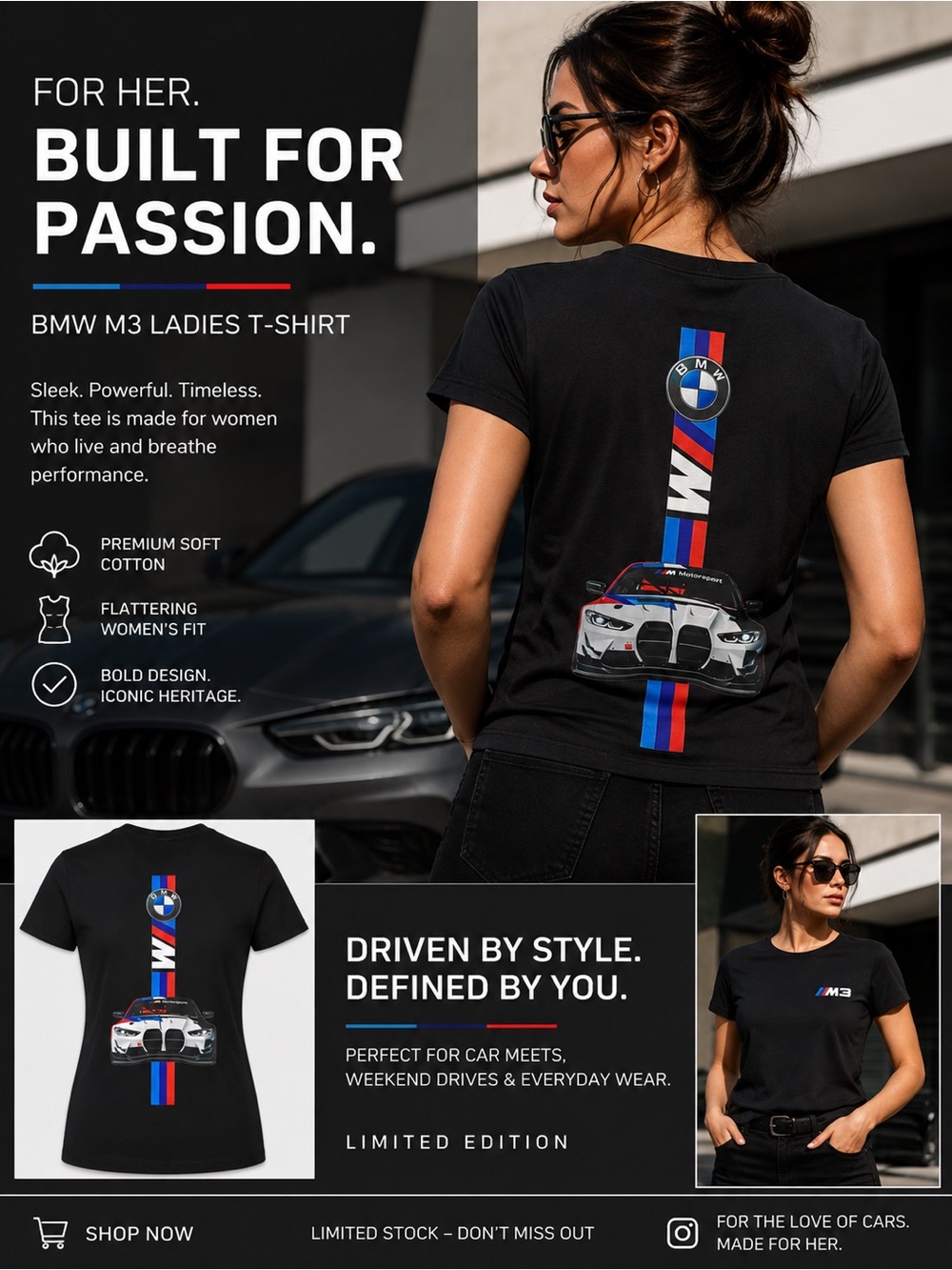 BMW Black Women's T-Shirt with Blue & Red M-Stripe Graphic
